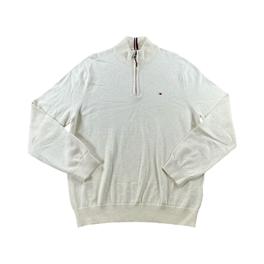 Tommy Hilfiger Mens XL Quarter Zip Sweater Cream Cotton Knit Pullover Logo